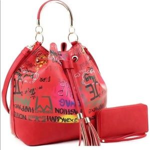 Graffiti print 2 way drawstring satchel wallet set